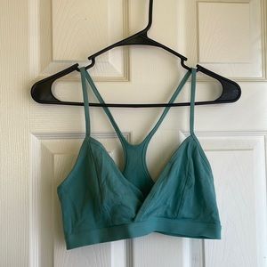 Teal cross front racer back sports bra
